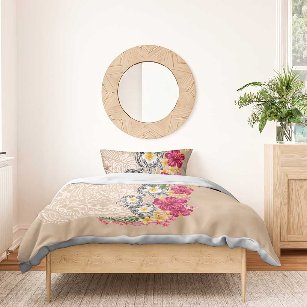 Hawaiian Tropical Flowers and Tribal Turtles Bedding Set Polynesian Art Motifs Beige Color - Polynesian Pride