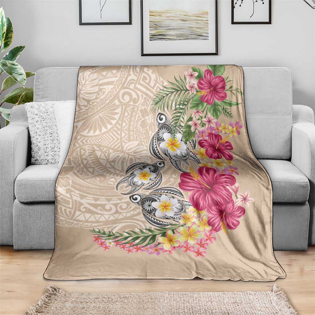 Hawaiian Tropical Flowers and Tribal Turtles Blanket Polynesian Art Motifs Beige Color - Polynesian Pride