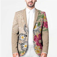 Hawaiian Tropical Flowers and Tribal Turtles Blazer Polynesian Art Motifs Beige Color - Polynesian Pride
