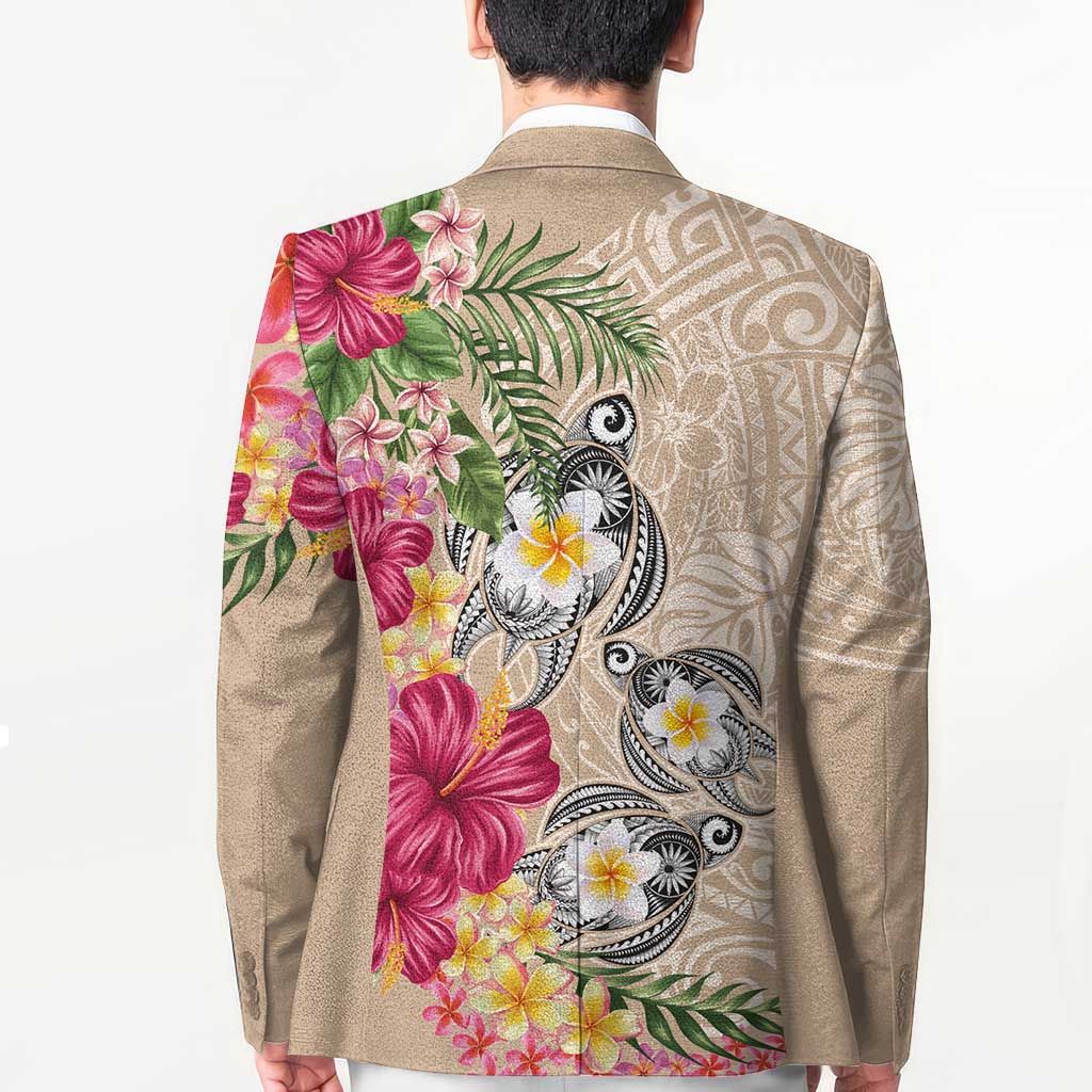 Hawaiian Tropical Flowers and Tribal Turtles Blazer Polynesian Art Motifs Beige Color - Polynesian Pride