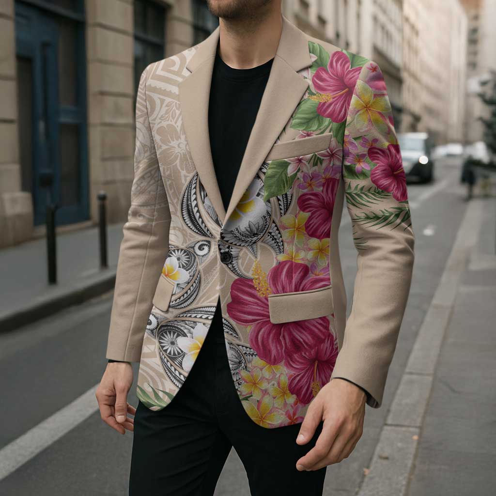 Hawaiian Tropical Flowers and Tribal Turtles Blazer Polynesian Art Motifs Beige Color - Polynesian Pride