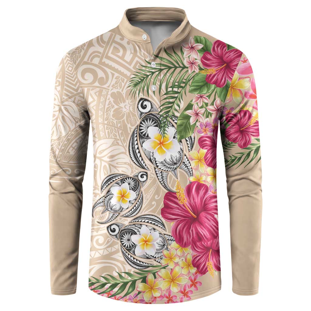 Hawaiian Tropical Flowers and Tribal Turtles Button Sweatshirt Polynesian Art Motifs Beige Color LT03 Beige - Polynesian Pride