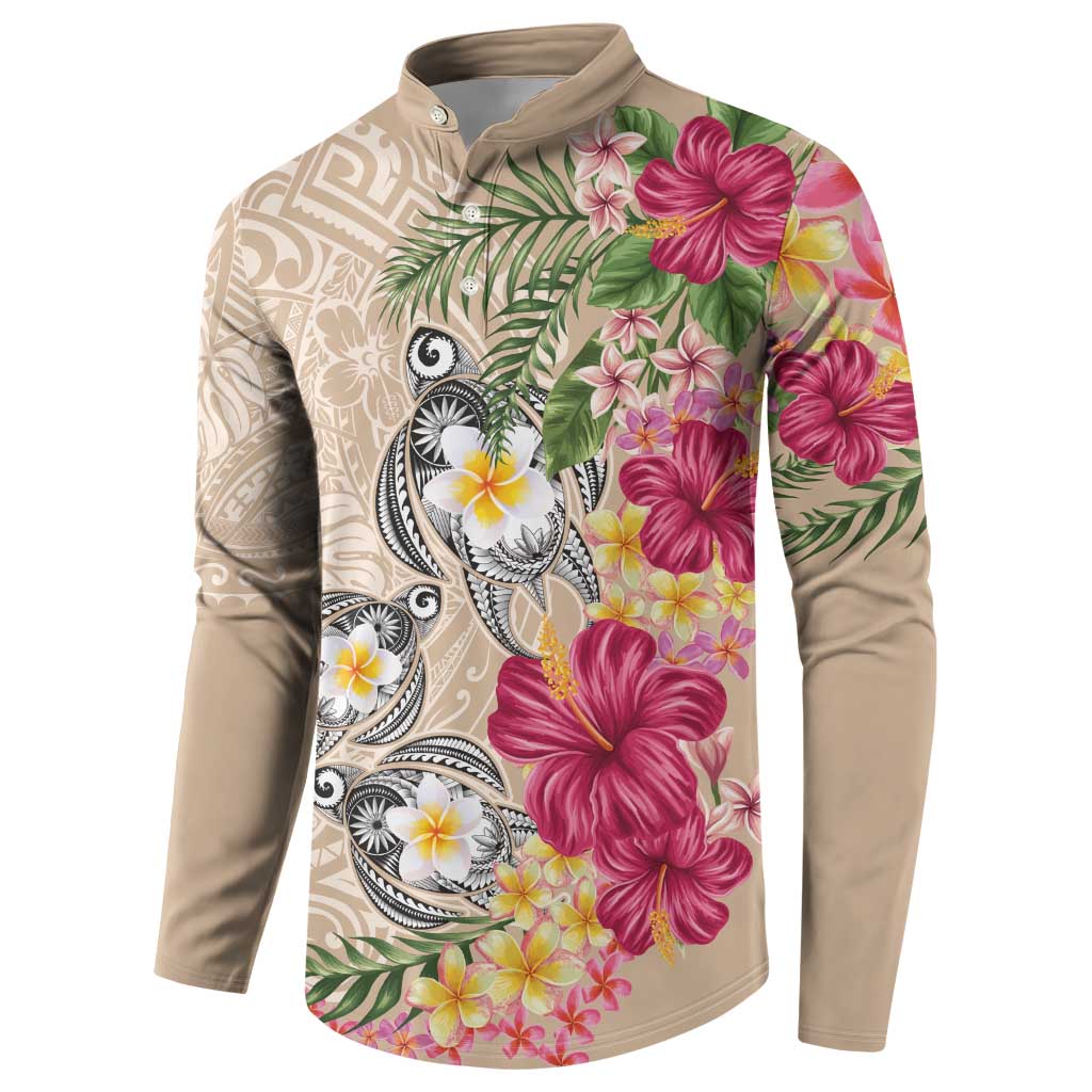 Hawaiian Tropical Flowers and Tribal Turtles Button Sweatshirt Polynesian Art Motifs Beige Color LT03 - Polynesian Pride