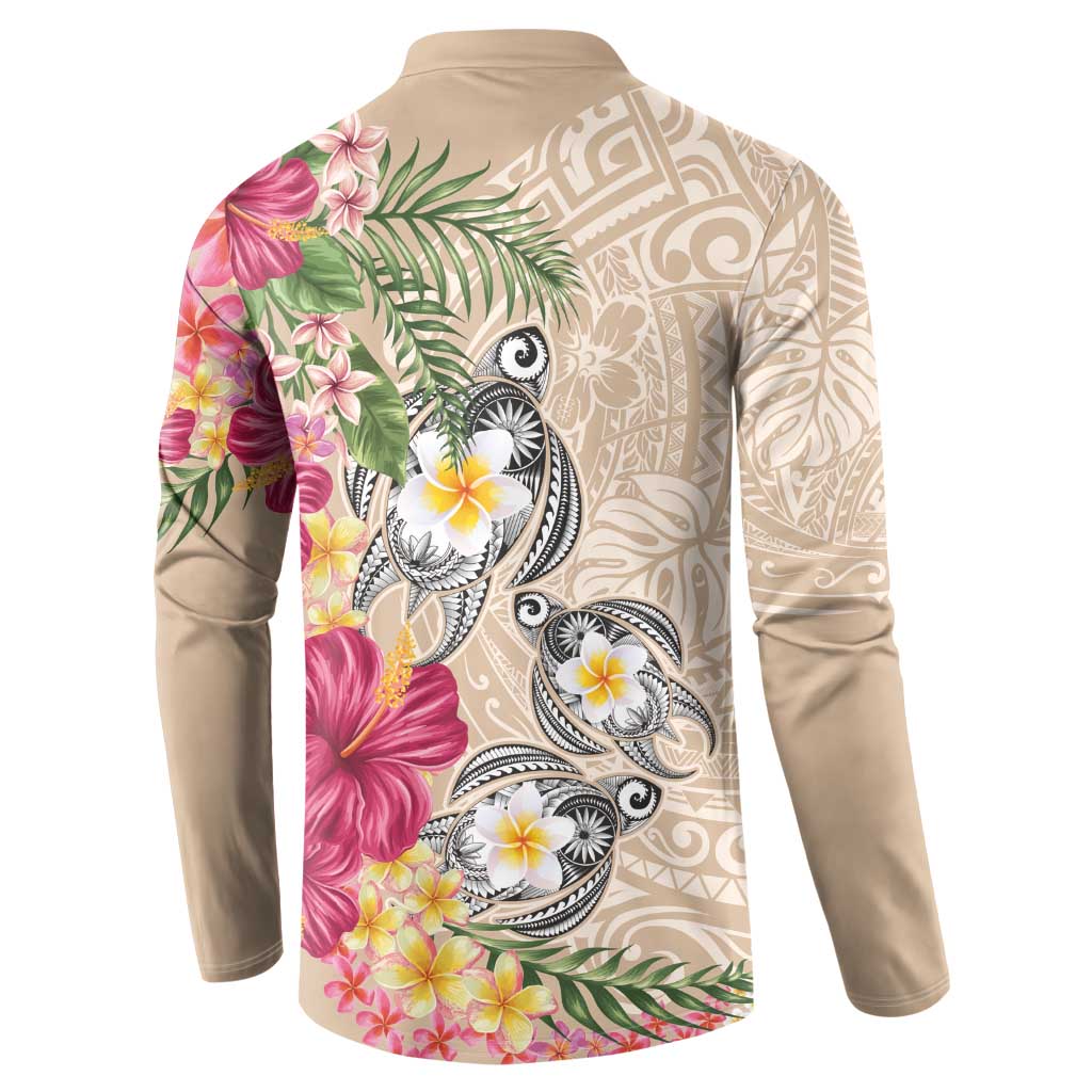 Hawaiian Tropical Flowers and Tribal Turtles Button Sweatshirt Polynesian Art Motifs Beige Color LT03 - Polynesian Pride