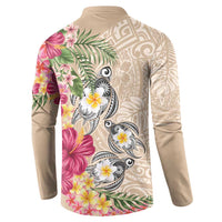 Hawaiian Tropical Flowers and Tribal Turtles Button Sweatshirt Polynesian Art Motifs Beige Color LT03 - Polynesian Pride