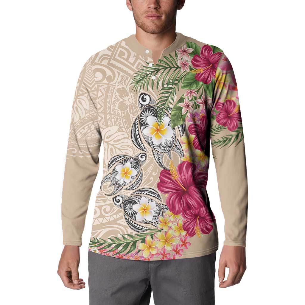 Hawaiian Tropical Flowers and Tribal Turtles Button Sweatshirt Polynesian Art Motifs Beige Color LT03 - Polynesian Pride