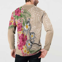 Hawaiian Tropical Flowers and Tribal Turtles Button Sweatshirt Polynesian Art Motifs Beige Color LT03 - Polynesian Pride