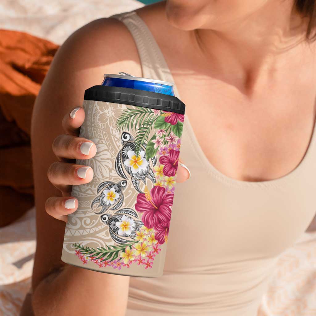 Hawaiian Tropical Flowers and Tribal Turtles 4 in 1 Can Cooler Tumbler Polynesian Art Motifs Beige Color - Polynesian Pride