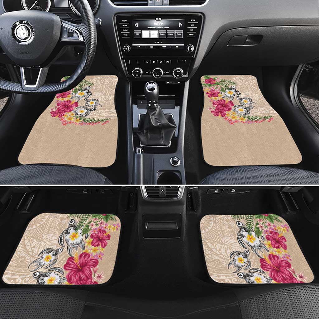 Hawaiian Tropical Flowers and Tribal Turtles Car Mats Polynesian Art Motifs Beige Color - Polynesian Pride