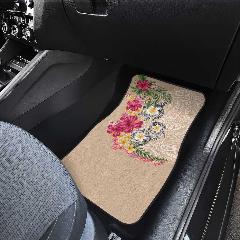 Hawaiian Tropical Flowers and Tribal Turtles Car Mats Polynesian Art Motifs Beige Color - Polynesian Pride