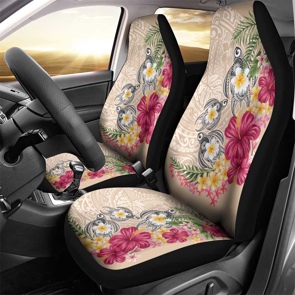 Hawaiian Tropical Flowers and Tribal Turtles Car Seat Cover Polynesian Art Motifs Beige Color - Polynesian Pride