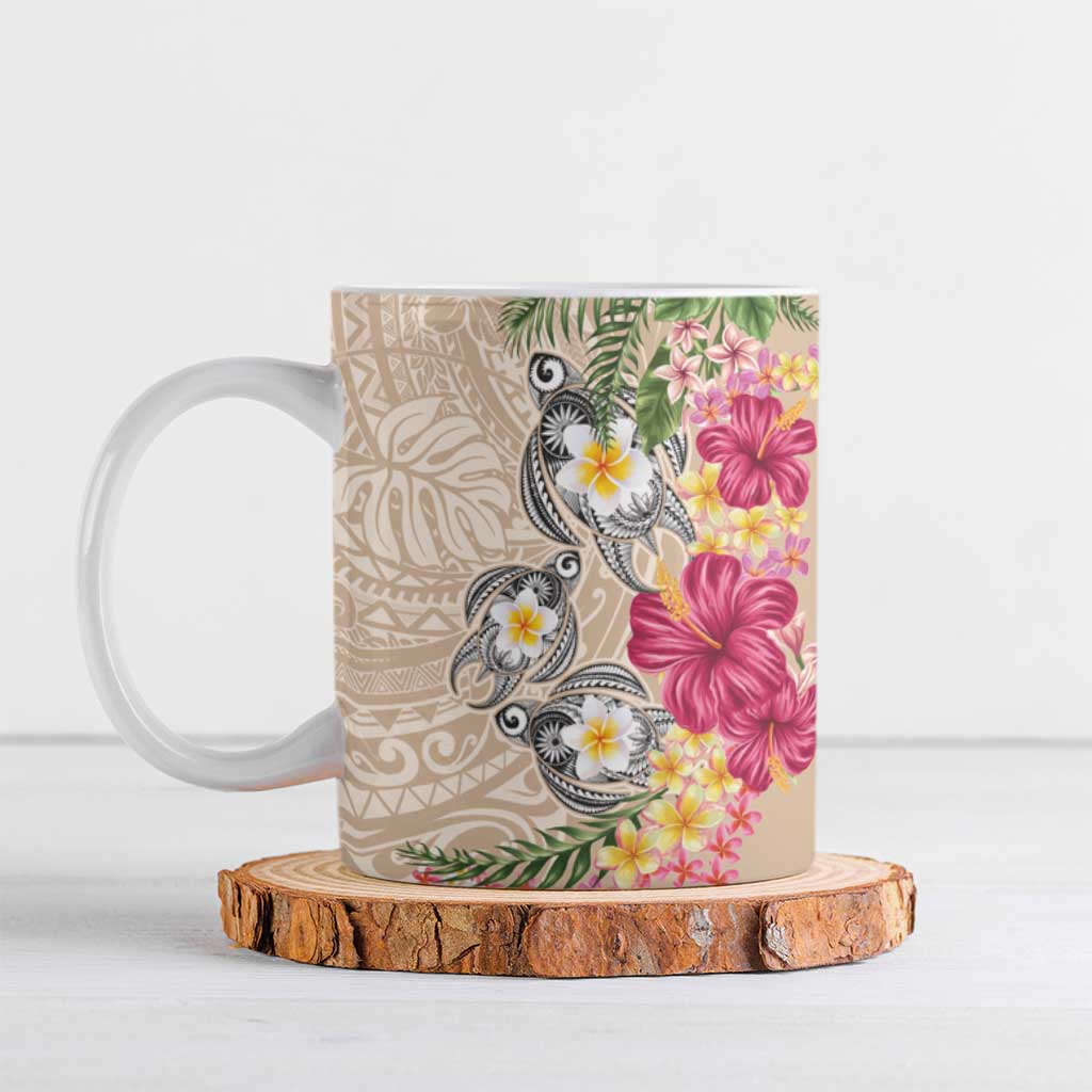 Hawaiian Tropical Flowers and Tribal Turtles Ceramic Mug Polynesian Art Motifs Beige Color LT03 Beige - Polynesian Pride