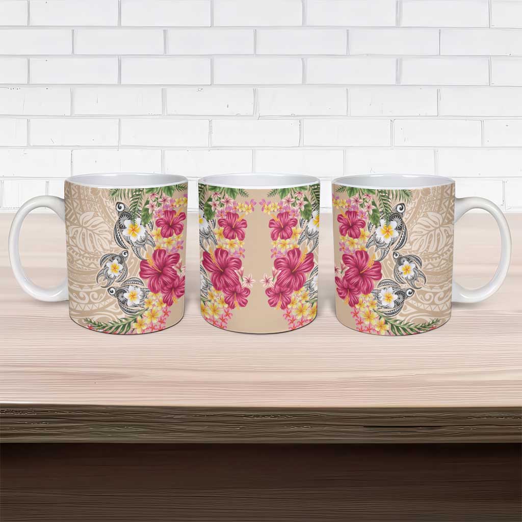 Hawaiian Tropical Flowers and Tribal Turtles Ceramic Mug Polynesian Art Motifs Beige Color LT03 - Polynesian Pride