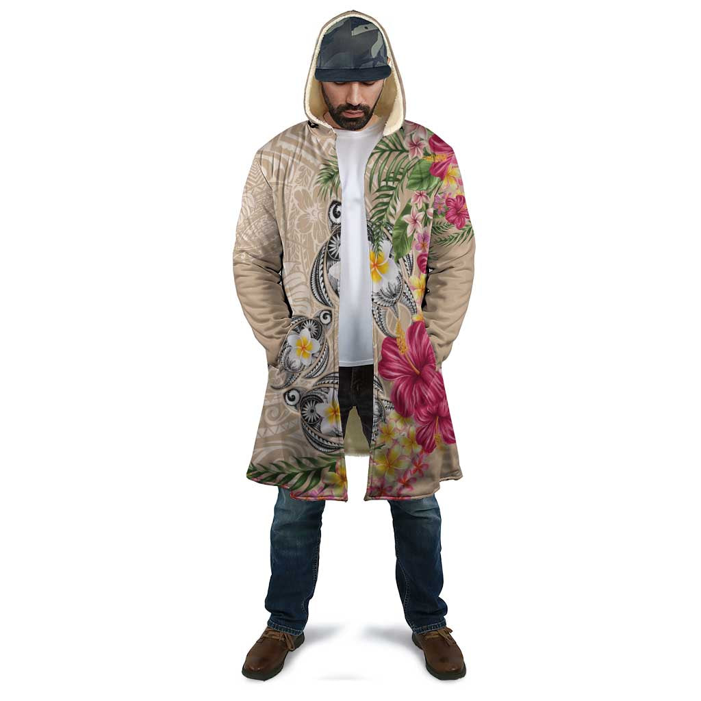 Hawaiian Tropical Flowers and Tribal Turtles Cloak Polynesian Art Motifs Beige Color - Polynesian Pride