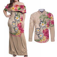 Hawaiian Tropical Flowers and Tribal Turtles Couples Matching Off Shoulder Maxi Dress and Long Sleeve Button Shirt Polynesian Art Motifs Beige Color - Polynesian Pride