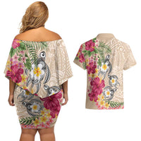 Hawaiian Tropical Flowers and Tribal Turtles Couples Matching Off Shoulder Short Dress and Hawaiian Shirt Polynesian Art Motifs Beige Color - Polynesian Pride