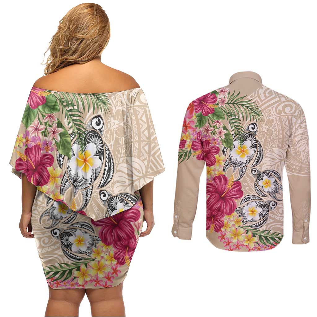 Hawaiian Tropical Flowers and Tribal Turtles Couples Matching Off Shoulder Short Dress and Long Sleeve Button Shirt Polynesian Art Motifs Beige Color - Polynesian Pride