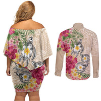 Hawaiian Tropical Flowers and Tribal Turtles Couples Matching Off Shoulder Short Dress and Long Sleeve Button Shirt Polynesian Art Motifs Beige Color - Polynesian Pride