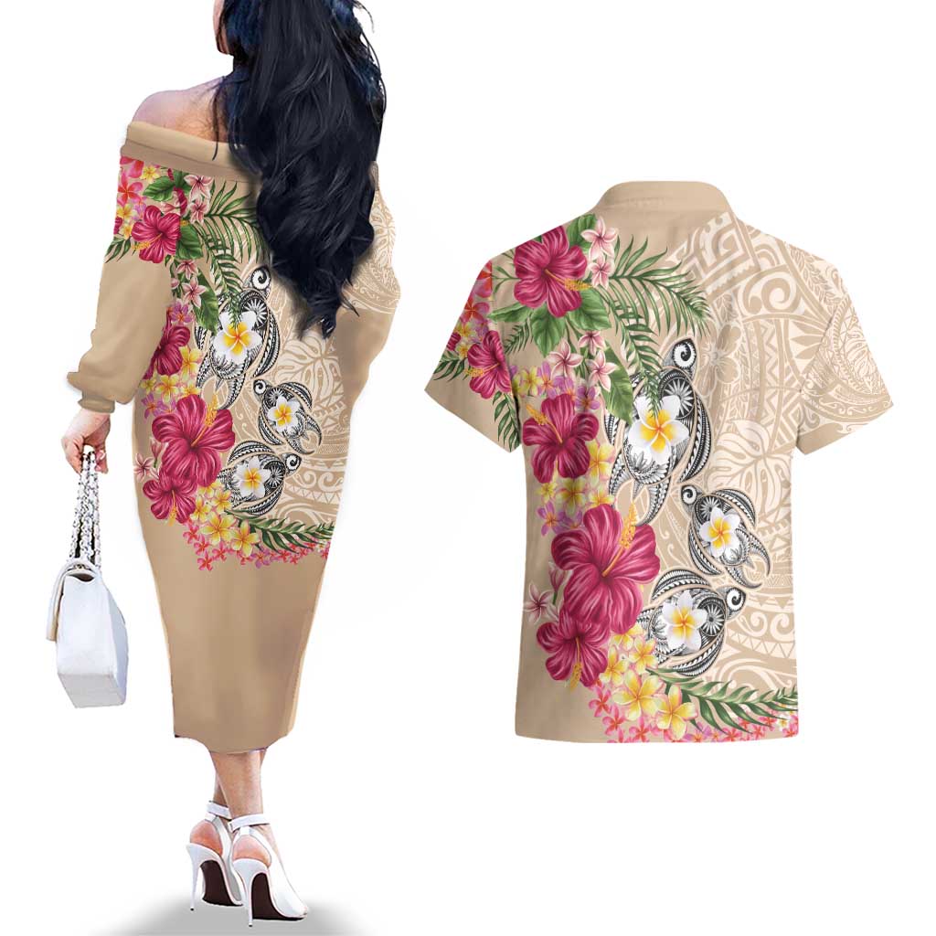Hawaiian Tropical Flowers and Tribal Turtles Couples Matching Off The Shoulder Long Sleeve Dress and Hawaiian Shirt Polynesian Art Motifs Beige Color - Polynesian Pride