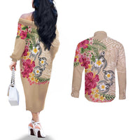 Hawaiian Tropical Flowers and Tribal Turtles Couples Matching Off The Shoulder Long Sleeve Dress and Long Sleeve Button Shirt Polynesian Art Motifs Beige Color - Polynesian Pride