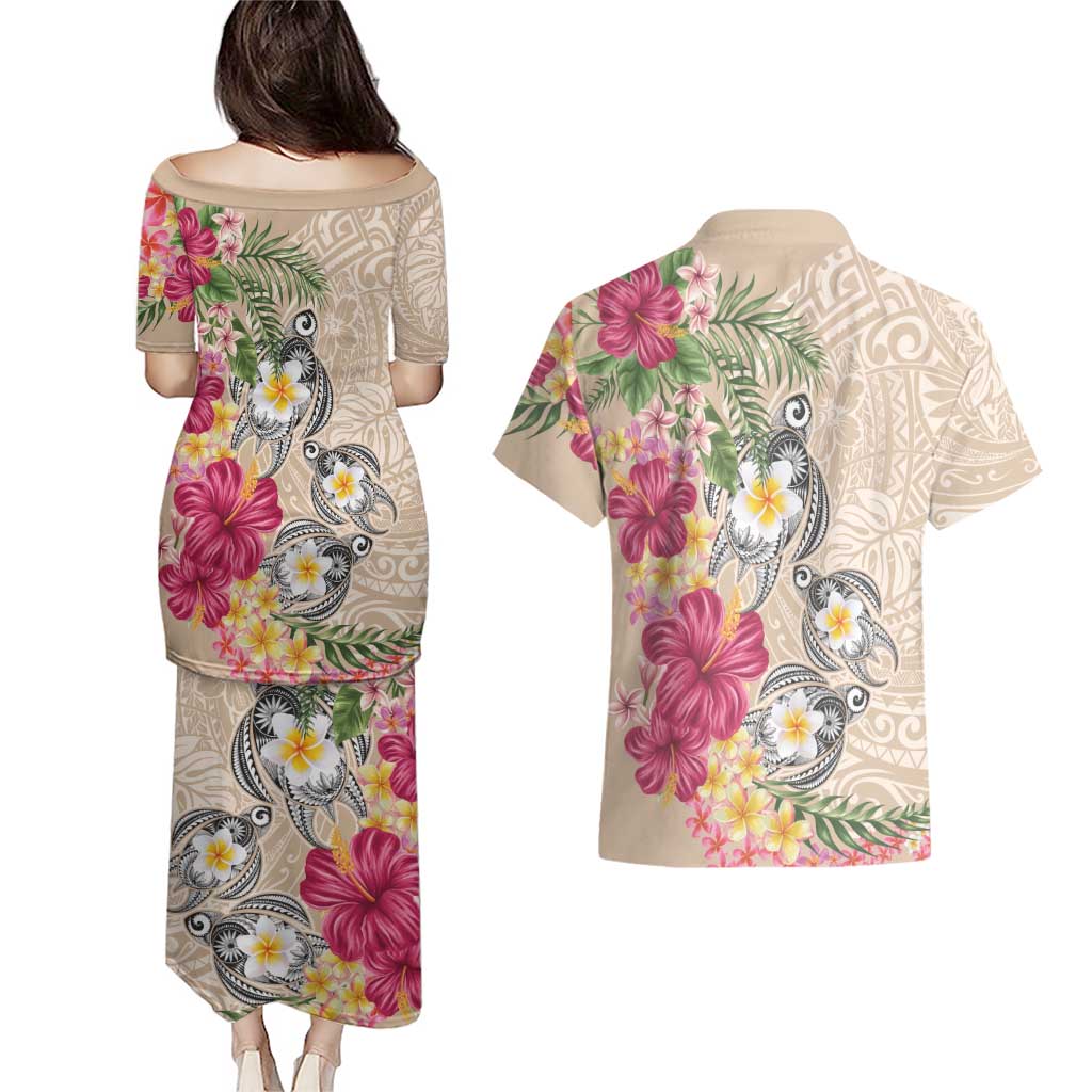 Hawaiian Tropical Flowers and Tribal Turtles Couples Matching Puletasi and Hawaiian Shirt Polynesian Art Motifs Beige Color - Polynesian Pride
