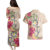 Hawaiian Tropical Flowers and Tribal Turtles Couples Matching Puletasi and Hawaiian Shirt Polynesian Art Motifs Beige Color - Polynesian Pride