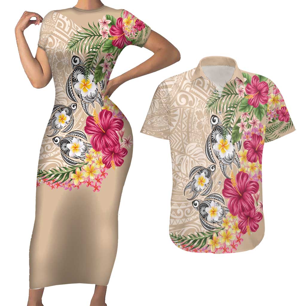 Hawaiian Tropical Flowers and Tribal Turtles Couples Matching Short Sleeve Bodycon Dress and Hawaiian Shirt Polynesian Art Motifs Beige Color - Polynesian Pride