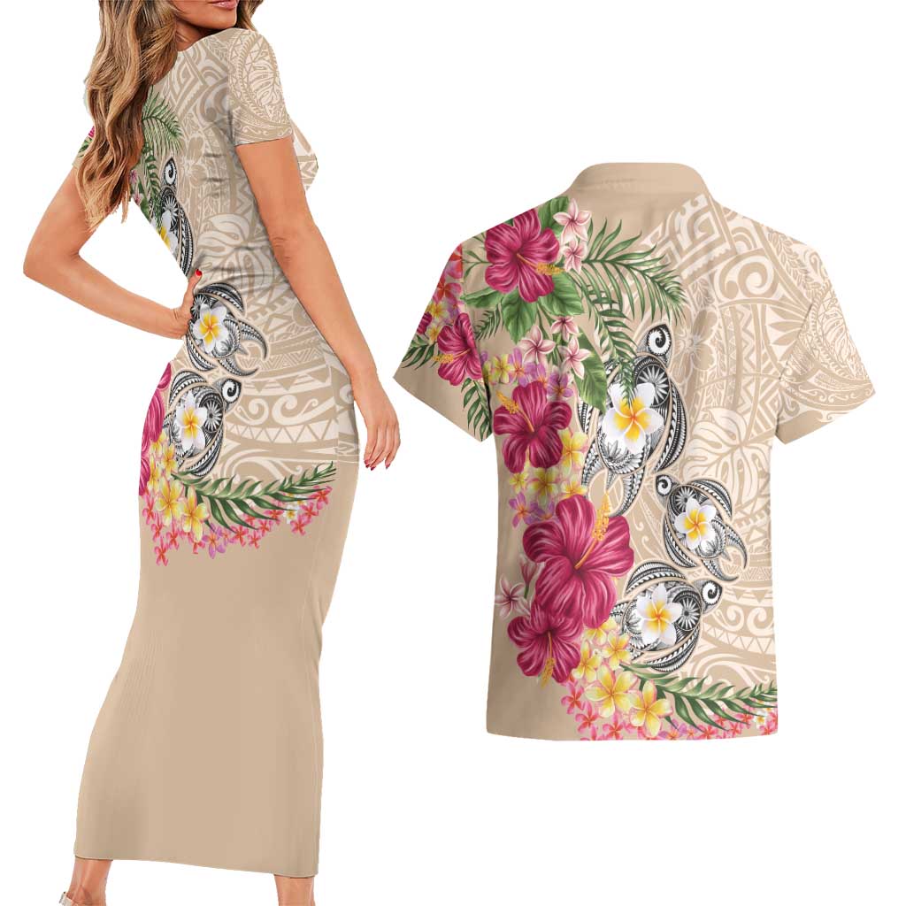 Hawaiian Tropical Flowers and Tribal Turtles Couples Matching Short Sleeve Bodycon Dress and Hawaiian Shirt Polynesian Art Motifs Beige Color - Polynesian Pride