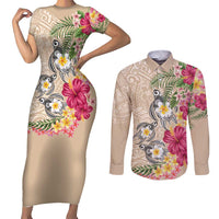 Hawaiian Tropical Flowers and Tribal Turtles Couples Matching Short Sleeve Bodycon Dress and Long Sleeve Button Shirt Polynesian Art Motifs Beige Color - Polynesian Pride