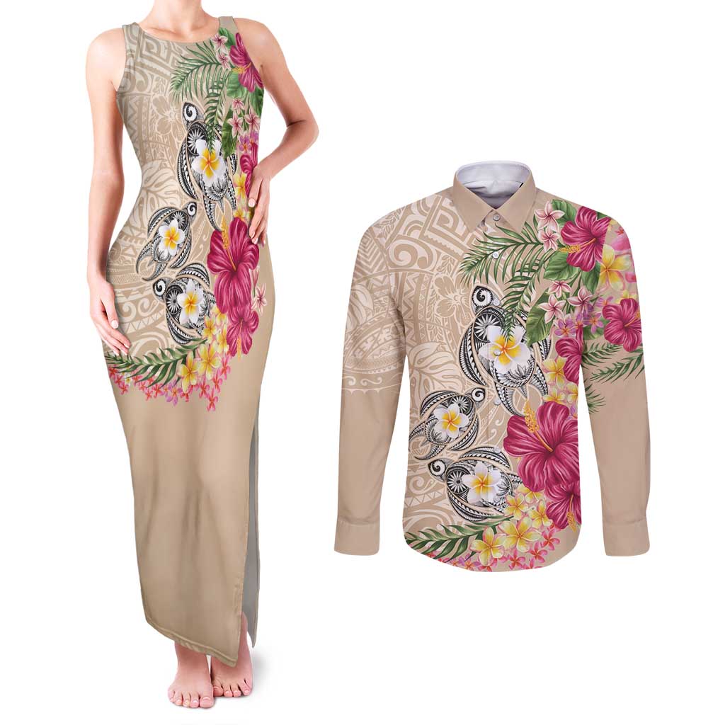 Hawaiian Tropical Flowers and Tribal Turtles Couples Matching Tank Maxi Dress and Long Sleeve Button Shirt Polynesian Art Motifs Beige Color - Polynesian Pride