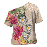 Hawaiian Tropical Flowers and Tribal Turtles Cross Shoulder Shirt Polynesian Art Motifs Beige Color - Polynesian Pride