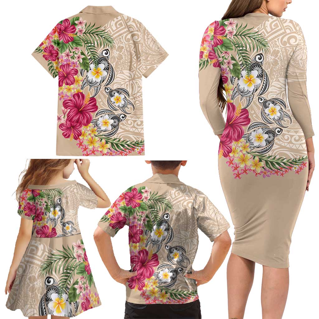 Hawaiian Tropical Flowers and Tribal Turtles Family Matching Long Sleeve Bodycon Dress and Hawaiian Shirt Polynesian Art Motifs Beige Color - Polynesian Pride