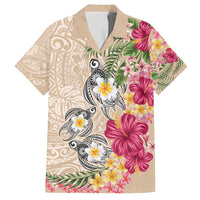 Hawaiian Tropical Flowers and Tribal Turtles Family Matching Long Sleeve Bodycon Dress and Hawaiian Shirt Polynesian Art Motifs Beige Color - Polynesian Pride