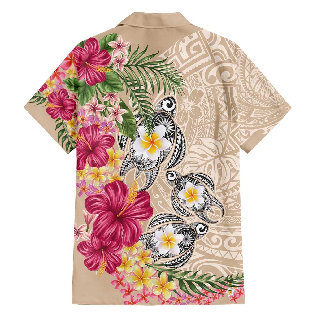 Hawaiian Tropical Flowers and Tribal Turtles Family Matching Long Sleeve Bodycon Dress and Hawaiian Shirt Polynesian Art Motifs Beige Color - Polynesian Pride