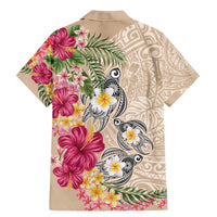 Hawaiian Tropical Flowers and Tribal Turtles Family Matching Mermaid Dress and Hawaiian Shirt Polynesian Art Motifs Beige Color - Polynesian Pride
