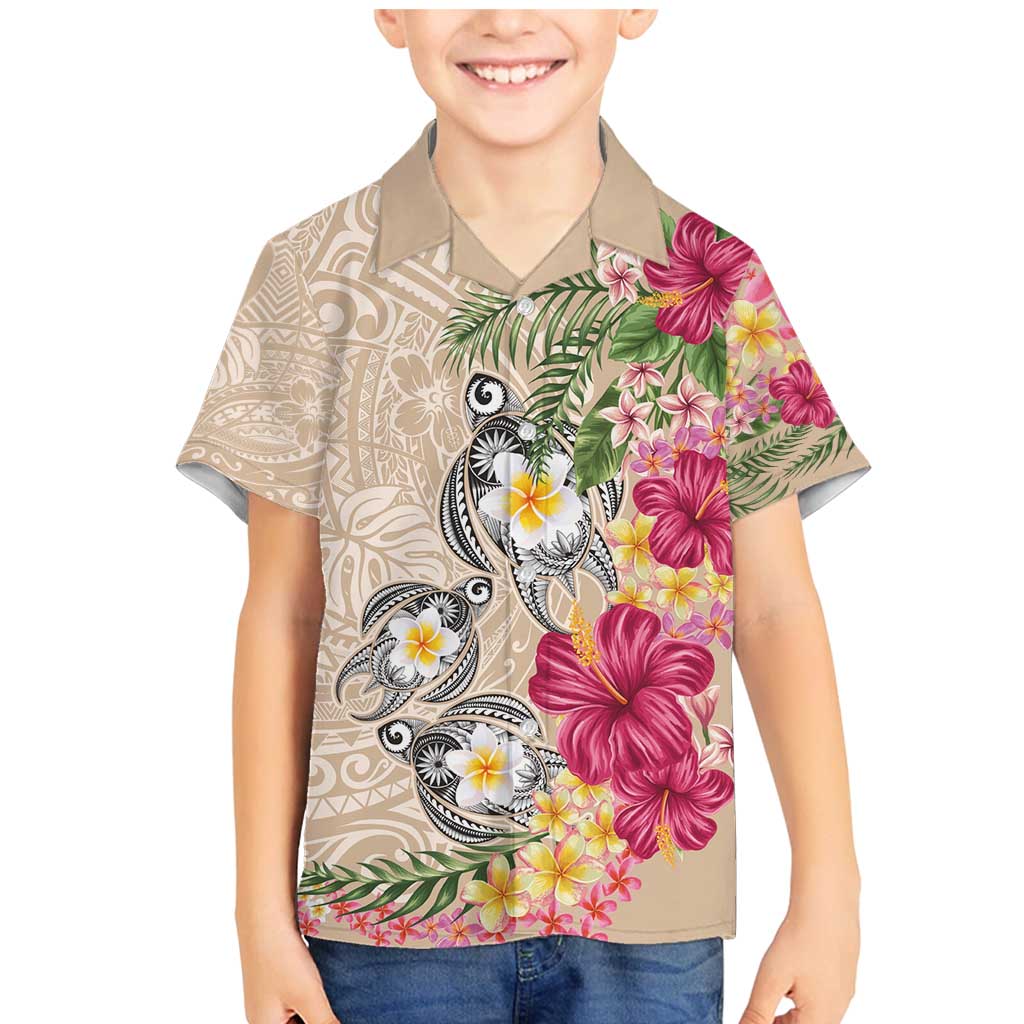 Hawaiian Tropical Flowers and Tribal Turtles Family Matching Mermaid Dress and Hawaiian Shirt Polynesian Art Motifs Beige Color - Polynesian Pride