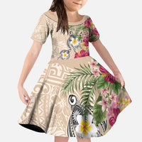 Hawaiian Tropical Flowers and Tribal Turtles Family Matching Off The Shoulder Long Sleeve Dress and Hawaiian Shirt Polynesian Art Motifs Beige Color - Polynesian Pride