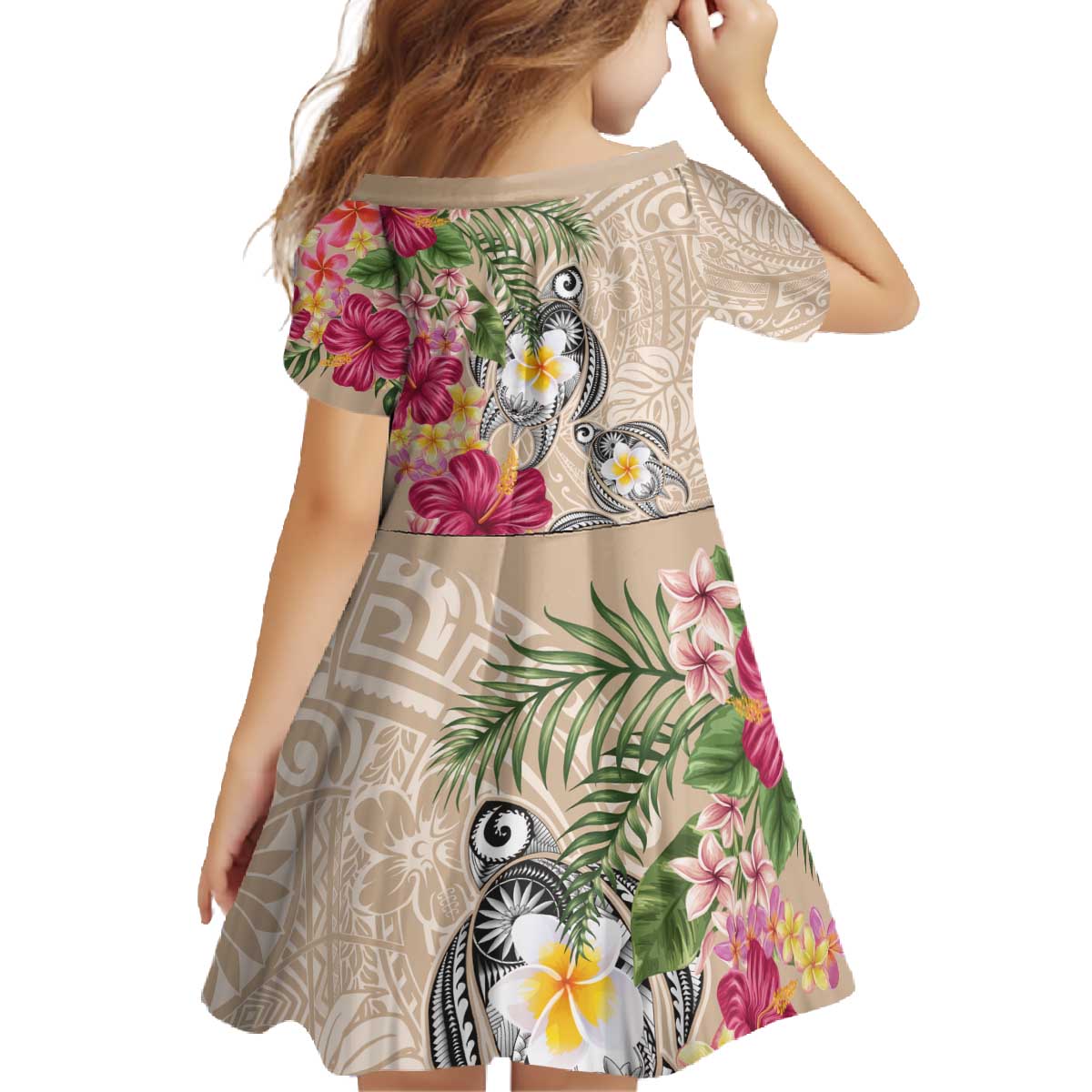Hawaiian Tropical Flowers and Tribal Turtles Family Matching Off The Shoulder Long Sleeve Dress and Hawaiian Shirt Polynesian Art Motifs Beige Color - Polynesian Pride