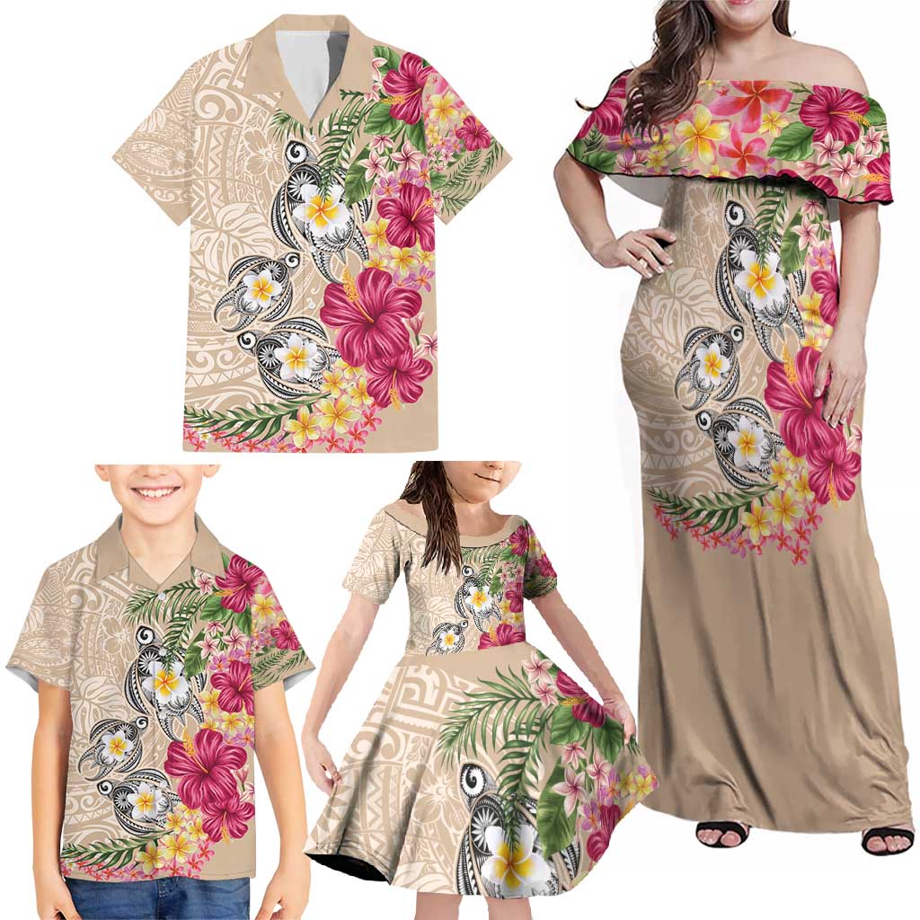 Hawaiian Tropical Flowers and Tribal Turtles Family Matching Off Shoulder Maxi Dress and Hawaiian Shirt Polynesian Art Motifs Beige Color - Polynesian Pride