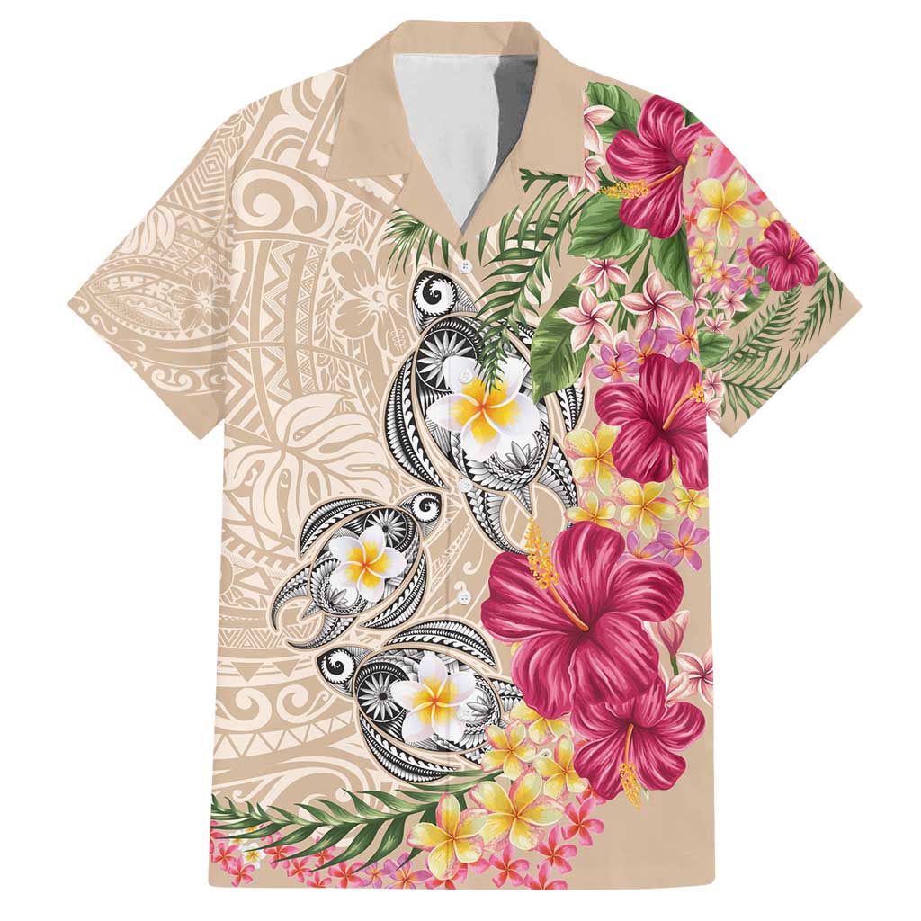 Hawaiian Tropical Flowers and Tribal Turtles Family Matching Off Shoulder Maxi Dress and Hawaiian Shirt Polynesian Art Motifs Beige Color - Polynesian Pride