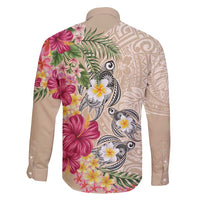 Hawaiian Tropical Flowers and Tribal Turtles Family Matching Off Shoulder Maxi Dress and Hawaiian Shirt Polynesian Art Motifs Beige Color - Polynesian Pride