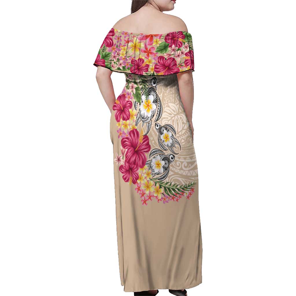 Hawaiian Tropical Flowers and Tribal Turtles Family Matching Off Shoulder Maxi Dress and Hawaiian Shirt Polynesian Art Motifs Beige Color - Polynesian Pride