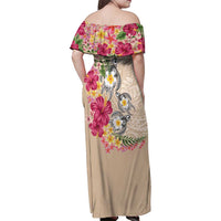Hawaiian Tropical Flowers and Tribal Turtles Family Matching Off Shoulder Maxi Dress and Hawaiian Shirt Polynesian Art Motifs Beige Color - Polynesian Pride