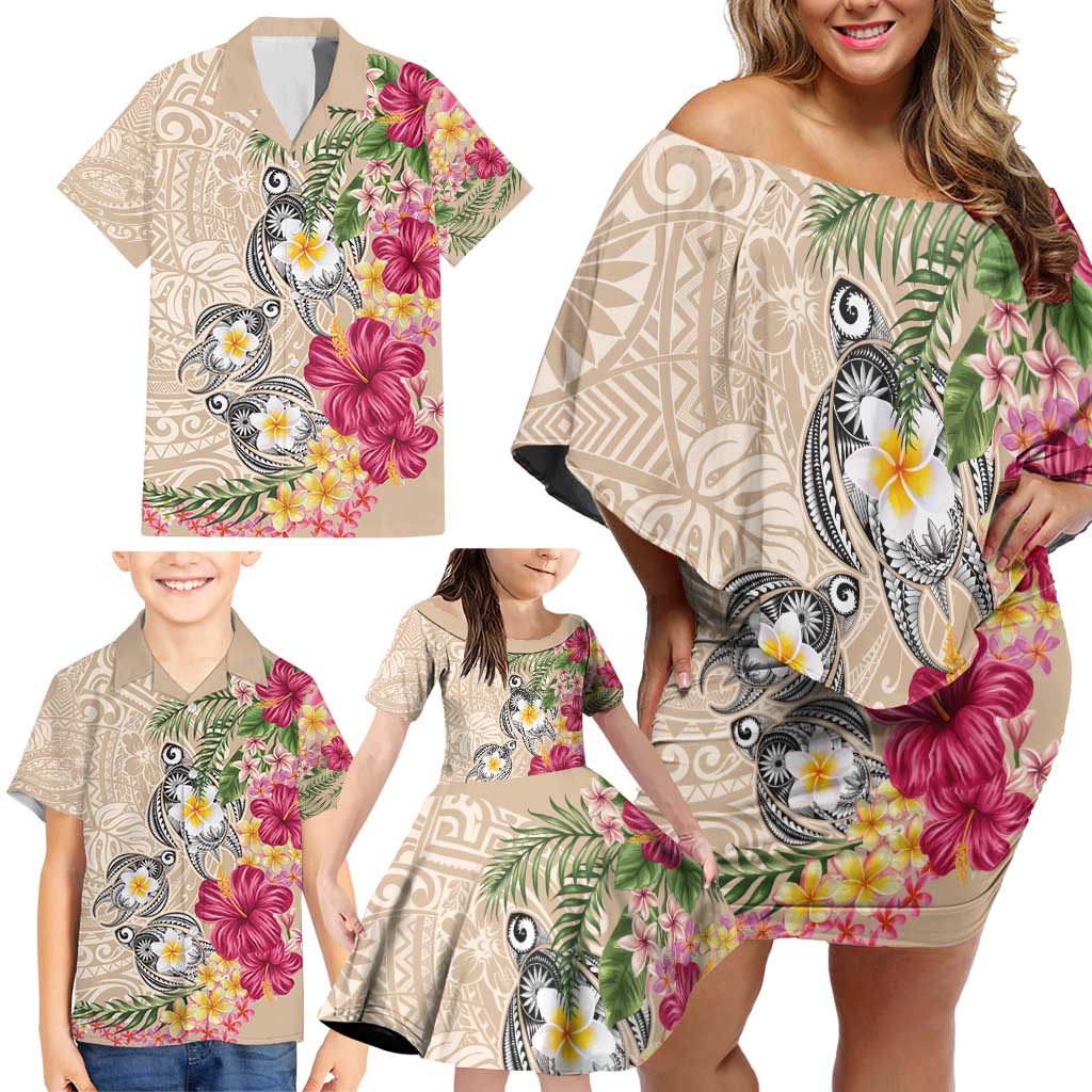 Hawaiian Tropical Flowers and Tribal Turtles Family Matching Off Shoulder Short Dress and Hawaiian Shirt Polynesian Art Motifs Beige Color - Polynesian Pride