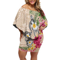 Hawaiian Tropical Flowers and Tribal Turtles Family Matching Off Shoulder Short Dress and Hawaiian Shirt Polynesian Art Motifs Beige Color - Polynesian Pride