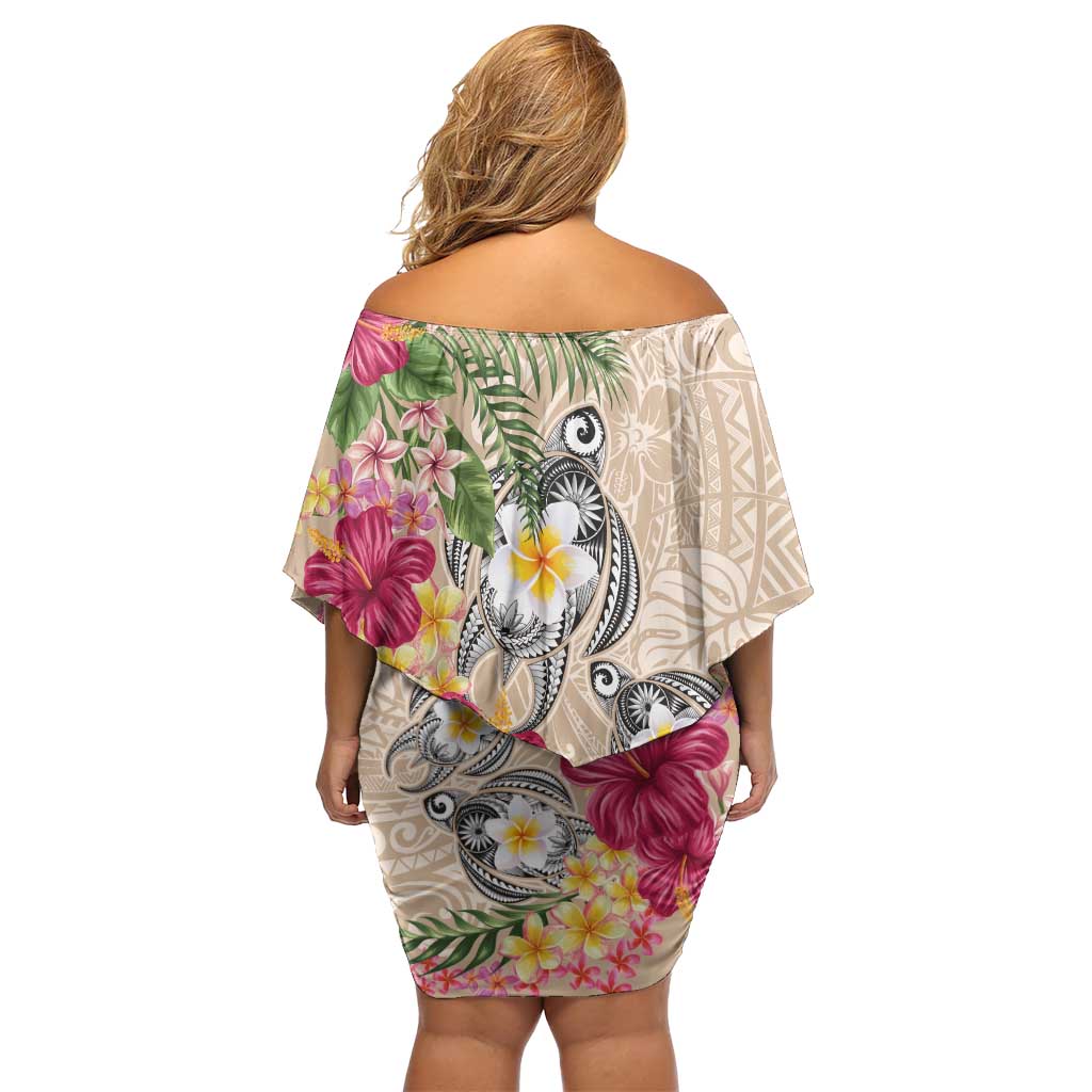 Hawaiian Tropical Flowers and Tribal Turtles Family Matching Off Shoulder Short Dress and Hawaiian Shirt Polynesian Art Motifs Beige Color - Polynesian Pride