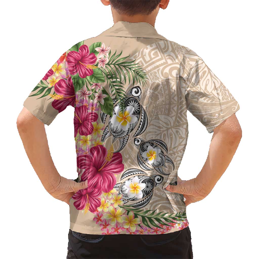 Hawaiian Tropical Flowers and Tribal Turtles Family Matching Puletasi and Hawaiian Shirt Polynesian Art Motifs Beige Color - Polynesian Pride