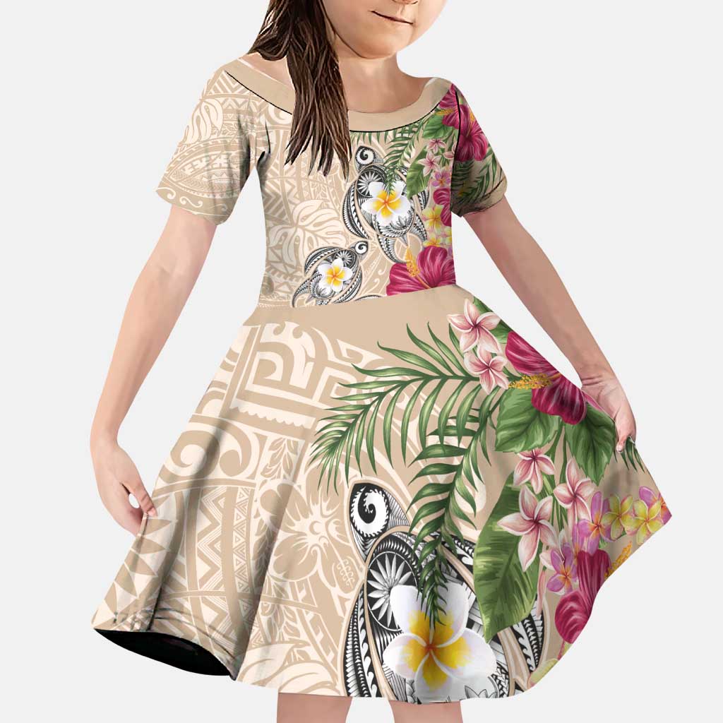 Hawaiian Tropical Flowers and Tribal Turtles Family Matching Puletasi and Hawaiian Shirt Polynesian Art Motifs Beige Color - Polynesian Pride