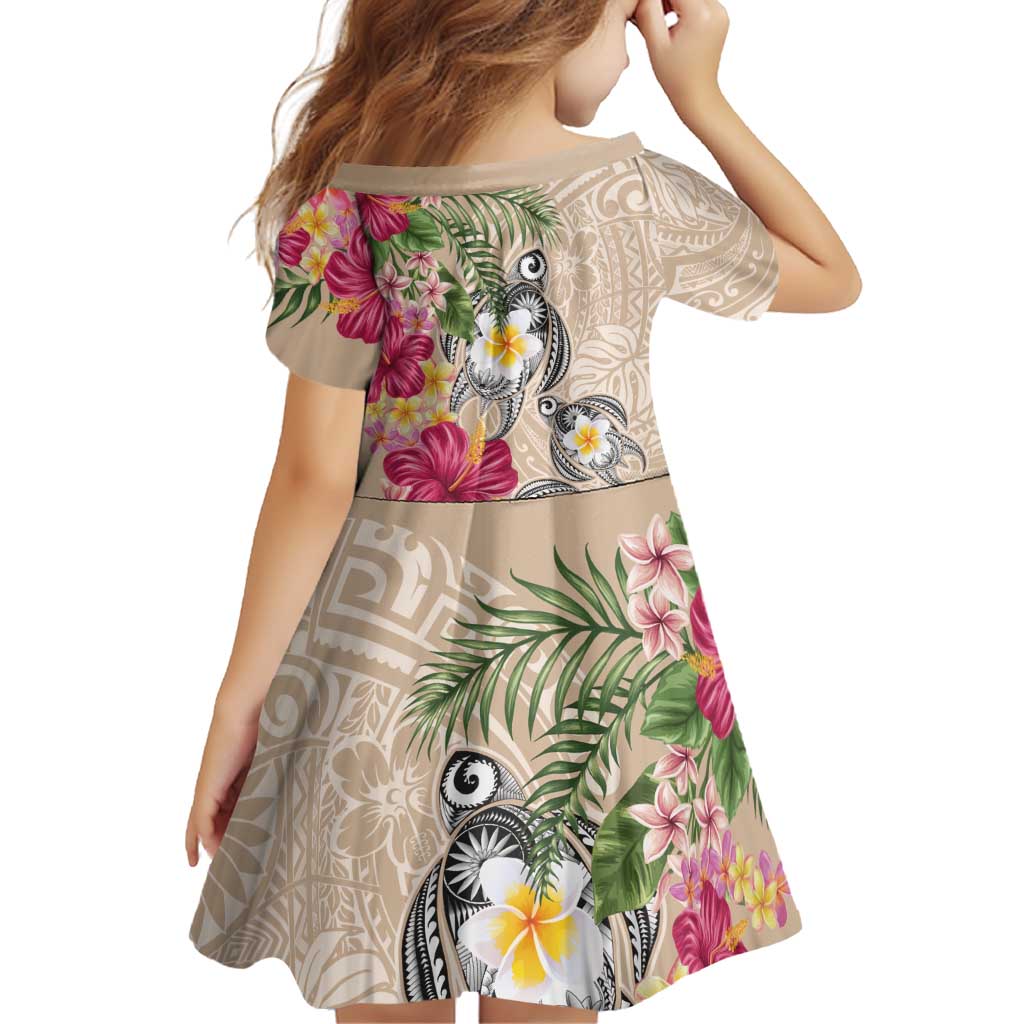 Hawaiian Tropical Flowers and Tribal Turtles Family Matching Puletasi and Hawaiian Shirt Polynesian Art Motifs Beige Color - Polynesian Pride