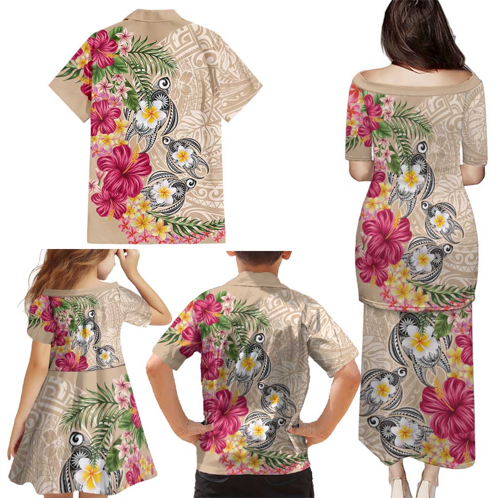 Hawaiian Tropical Flowers and Tribal Turtles Family Matching Puletasi and Hawaiian Shirt Polynesian Art Motifs Beige Color - Polynesian Pride